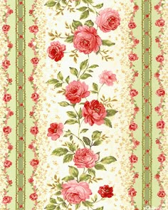 a floral wallpaper pattern with roses on green and white stripes greeting card by panoramic images