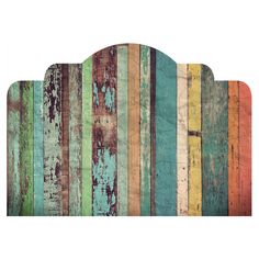 an old wooden headboard with multicolored paint on the wood planks, isolated against a white background