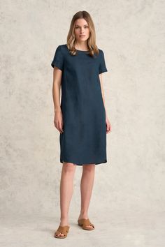 Scoop Neck Linen Dress - Ink Blue Linen Dress Relaxed Fit Short Sleeve, Blue Knee-length Linen Dress With Relaxed Fit, Indigo Knee-length Relaxed Fit Denim Dress, Non-stretch Cotton Denim Dress In Medium Wash, Medium Wash Cotton A-line Denim Dress, Linen Shift Dress, Latest Colour, Dress Home, Wide Cuff