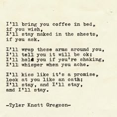 an old typewriter with the words i'll bring you coffee in bed if you wish, i'll stay naked in the sheets, if you ask