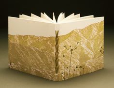 an open book with some plants growing out of it's cover and mountains in the background