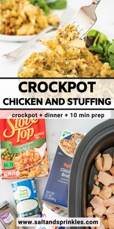 the crockpot chicken and stuffing recipe is shown in front of other food items