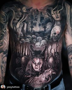 a man with tattoos on his chest and some other things in front of him, including skulls