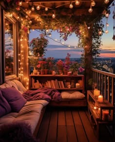 a porch covered in lots of lights and books on it's side, with a bench next to the window