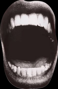 an open mouth with white teeth and no teeth is shown in this black and white photo