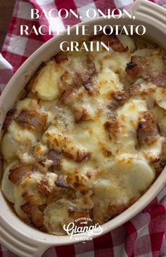 a casserole dish with bacon, onion, and potato gratin in it