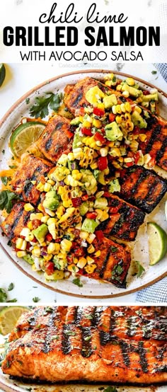 grilled salmon with avocado salsa on a white platter and the title above it