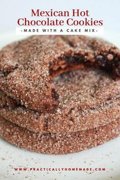 mexican hot chocolate cookies on a plate with text overlay that reads, made with a cake mix