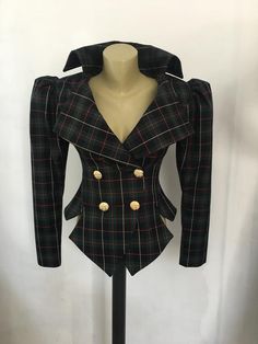 This is a very stylish and elegant jacket . Leght  58cm - at back. Fully lined. A jacket especially made to turn heads and give you that wow factor :) Vintage style leg o mutton sleeves.SIZE CHARTSIZE S - US 6, UK 8, EU 36bust: bust around 34.5”/90cmWaist: waist around 27.5”/70cmHips: hips around 34.5”/90cmSIZE M - US 8, UK 10, EU 38bust: bust around 37.5”/95cmWaist: waist around 29.5”/75cmHips: hips around 37.5”/95cmSIZE L - US 10, UK 12, EU 40bust: bust around 39.5"/100cmWaist: waist around 31 Plaid Corset Top, Elegant Double-breasted Plaid Blazer, Fitted Double-breasted Tweed Jacket With Buttons, Chic Fitted Plaid Tweed Jacket, Fitted Double-breasted Tweed Jacket, Fitted Vintage Plaid Outerwear, Vintage Fitted Plaid Outerwear, Elegant Plaid Blazer With Buttons, Chic Double-breasted Plaid Blazer