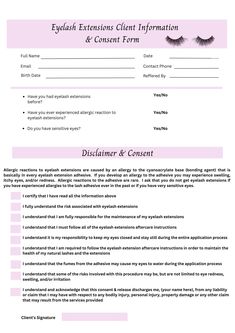 "Eyelash Extension Forms - Lash Consent & Waiver Form- Lash Artist Forms *This is an instant download digital template* You can download this template within minutes of purchasing.   *This is a digital template only* HOW IT WORKS: 1.Purchase the item 2.Download the Access PDF directly from your Etsy account.  Go to your account- Purchase and Reviews- Click \"Download files\" 3.Open PDF and click template link 4.Open CANVA- Download as PDF- Print *Please Note* Etsy does not allow downloads from the Etsy app.  You will need to use a web browser. *Disclaimer:* Please note that I am not a lawyer and the forms provided on this page are only examples of what a lash salon may use.  It is your responsibility to review your local laws and regulations. Because of the nature of these items, refunds a Lash Contracts, Lash Extension Client Intake Form, Eyelash Consultation Form, Last Minute Opening Salon, Eyelash Extensions Template, Lash Extension Consultation Form, Client Consent Forms Eyelash Extensions, Lash Extension Waiver Form, Lash Waiver Form