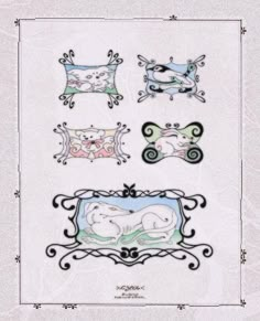 four different designs on a white paper with black and green accents, including an ornate frame