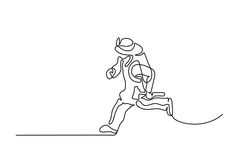 a single continuous line drawing of a man running with a hat on his head and holding a baseball mitt