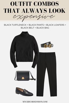 7 Foolproof Formulas for Expensive-Looking Outfits - MY CHIC OBSESSION Outfits With Black Loafers, Turtleneck And Black Pants, Black Black Outfit, Expensive Aesthetic, Long Camel Coat, Expensive Outfits, Aw 2024, 60’s Style, Classic Capsule Wardrobe