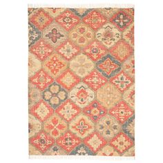 an orange, blue and beige rug with many different patterns