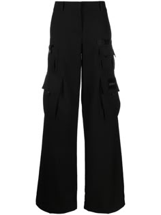 logo-print cargo trousers from OFF-WHITE featuring black, virgin wool blend, logo patch to the side, mid-rise, belt loops, concealed front fastening, multiple cargo pockets and straight leg. Off White Clothing, Off-white Logo, Black Wide Leg Trousers, Dr Wardrobe, Black Wide Leg Pants, White Trousers, Black Cargo Pants, Dr Closet, Black Cargo