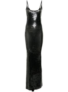 black stretch-design mesh design sequin design spaghetti straps sleeveless round neck long length unlined slip-on style Rick Owens Dress, Slip Gown, Rick Owens Lilies, Sequin Design, Yoko London, City Dress, Sequin Gown, Dolce E Gabbana, Summer Beach Wear