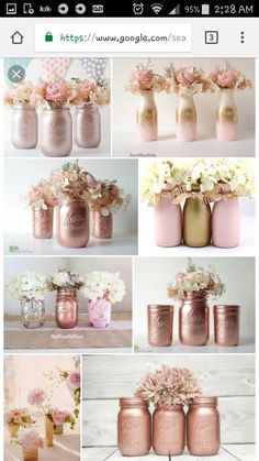 pink and gold mason jars with flowers in them