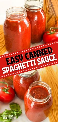 three jars filled with red sauce next to pasta