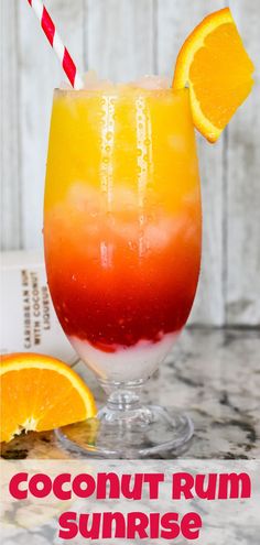 An orange, red, and white layered tropical cocktail garnished with a slice of orange. Malibu Orange Juice Drinks, Sunrise Cocktail Drink Recipes, Coconut Cream Alcoholic Drinks, Malibu Coconut Rum Drinks, Coconut Rum Drinks Recipes, Coconut Vodka Drinks, Malibu Rum Drinks Recipes, Alcoholic Drinks Rum, Best Rum Drinks