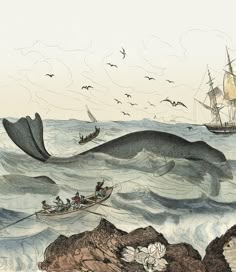 a drawing of people in a boat near a whale