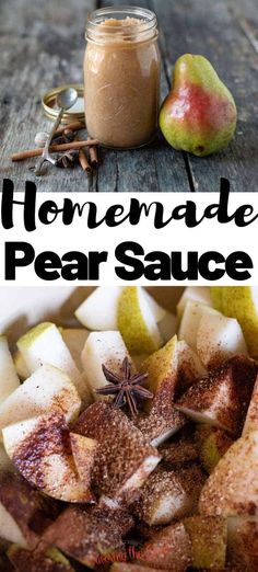 homemade pear sauce in a glass jar with cinnamon and star anise on the side