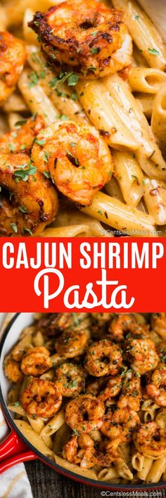 cajun shrimp pasta in a skillet with text overlay