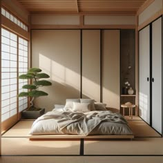 a bed with pillows and blankets on it in a room that has tatami mats