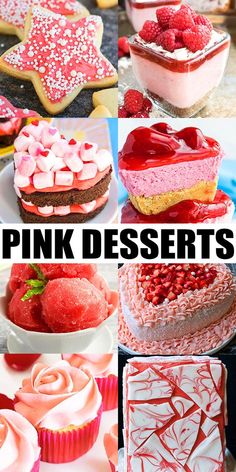 pink desserts are arranged in different shapes and sizes