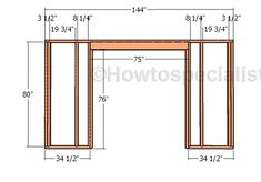 the plans for an office desk with two doors and one shelf on each side, showing measurements