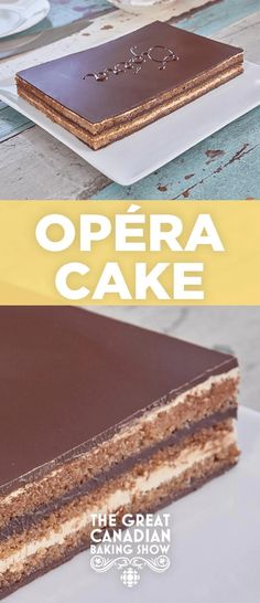 a cake with chocolate frosting on top and the words opera cake in russian above it