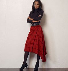 MISSES' SKIRT: Semi-fitted, wrap skirt has button and/or hook & eye closing, and narrow hem. A, B, C and D: waistband. F: tie ends. A, B, E and F: sides extend into drape, wrong side may show.    FABRICS: Wool Flannel, Gabardine, Crepe.   Unsuitable for obvious diagonals.   *With Nap. **Without Nap.   NOTIONS:    A,B,D: Two Hook and Eye Closures.    C: Two 5/8" Buttons.    E,F: One 1/2" Button and One Hook and Eye Closure.   Combinations: A5(6-8-10-12-14), E5(14-16-18-20-22)      Fabric widths given in inches.    SIZES 6 8 10 12 14 16 18 20 22   A   45"*/** 13/4  13/4  13/4  2 2 2 2 2 21/8  yds   60"*/** 13/8  13/8  13/8  13/8  11/2  11/2  15/8  13/4  17/8  yds   B   45"*/** 23/8  23/8  23/8  21/2  21/2  21/2  25/8  25/8  23/4  yds   60"*/** 17/8  17/8  17/8  2 2 21/8  21/8  21/8  23/ Asymmetrical Skirt Pattern, Wrap Skirt Sewing Pattern, Vogue Sewing, Vogue Sewing Patterns, Vogue Pattern, Skirt Patterns Sewing, Vogue Patterns, Sewing Skirts, Asymmetrical Skirt