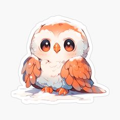 an orange and white owl with big eyes sitting on the ground sticker by artful