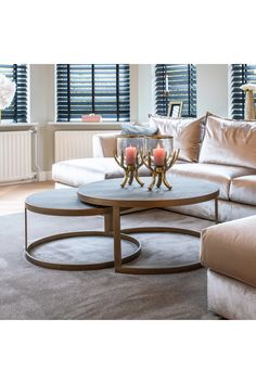 a living room filled with furniture and decor on top of a carpeted floor next to windows