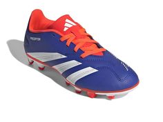 a blue and orange soccer shoe on a white background