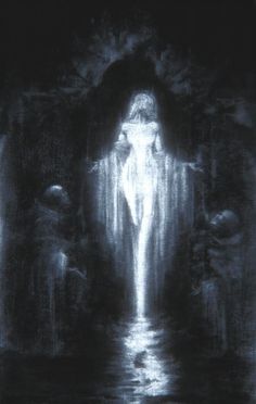 a painting of a woman standing in front of a waterfall