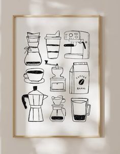 a black and white drawing of coffee equipment on a wall above a window with sunlight streaming through it