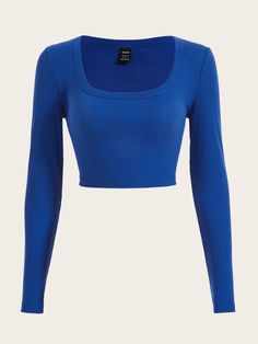 Azul Royal Casual Collar Manga Comprida Tecido de malha Simples  Embellished Elasticidade alta  Roupas Femininas Blue Long Sleeve Shirt, Blue Crop Tops, Shein Tops, New Wardrobe, Dream Clothes, Crop Tee, Outfits Casuales, Online Fashion, Aesthetic Clothes