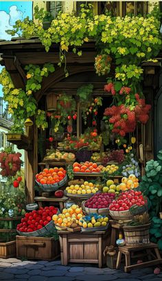 an outdoor market with lots of fruits and vegetables in baskets on the side of it