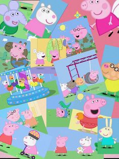 peppa pig and friends collaged together on a pink background with many different pictures