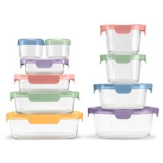 stacking glass containers with lids are stacked on top of each other in different colors