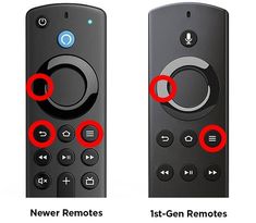 two remote controls are shown with red circles pointing towards the buttons on one and the other