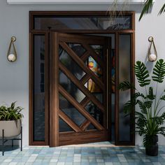 an open wooden door in front of a potted plant