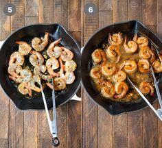 two pans filled with shrimp on top of a wooden table next to each other