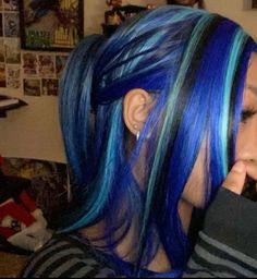 Green Blonde And Black Hair, Whole Head Dyed Hair, Hair Colour Ideas Colourful, Blue Purple Black Hair, Green Skunk Hair, Blue Calico Hair, Brown And Teal Hair, Blue Skunk Hair, Hot Hair Color Ideas