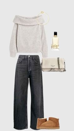 a pair of jeans, sweater and shoes with a purse