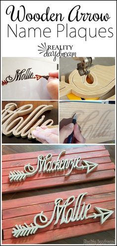 wooden name plaques are shown with the words wooden arrows in different styles and sizes