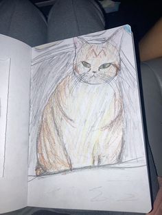 a drawing of a cat sitting on top of a seat next to a persons lap