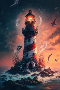 a painting of a lighthouse on top of a rock in the ocean with birds flying around