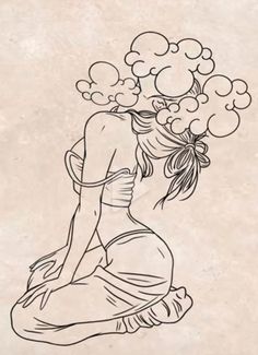 a drawing of a woman sitting on the ground with her head in clouds above her