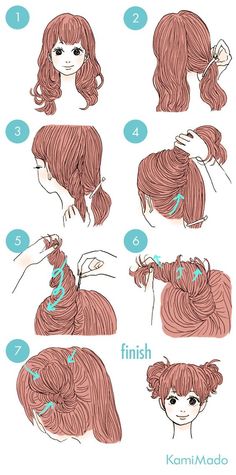 Messy twisty buns? Hair Step By Step, Hair Updos Tutorials, Easy Everyday Hairstyles, Kawaii Hairstyles, Everyday Hairstyles, Grunge Hair, Long Curly